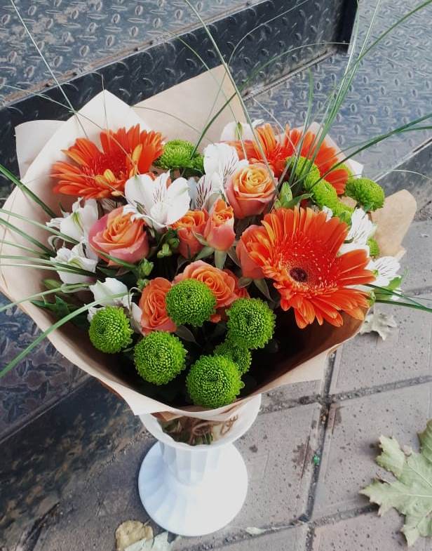 Букет цветов из: Герберы, Хризантемы, Альстромерии и Розы в Тополево