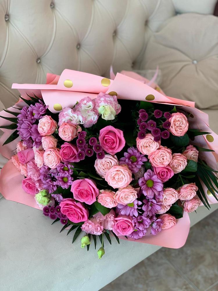 Букет цветов из: Хризантемы, Розы и Лизиантусы в Тополево