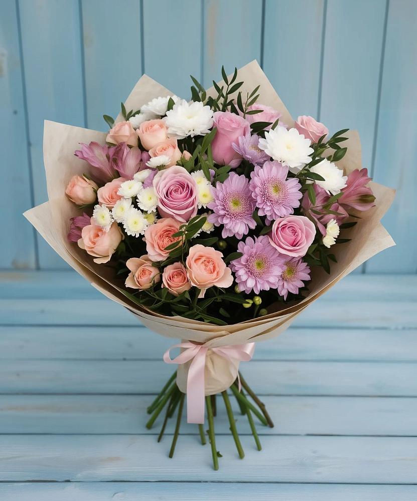 Букет цветов из: Хризантемы, Розы и Альстромерии в Тополево