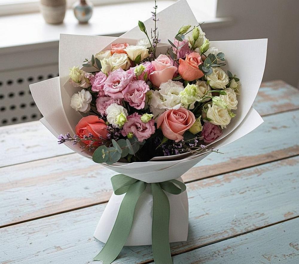 Букет цветов из: Розы, Лизиантусы и Гвоздики в Тополево