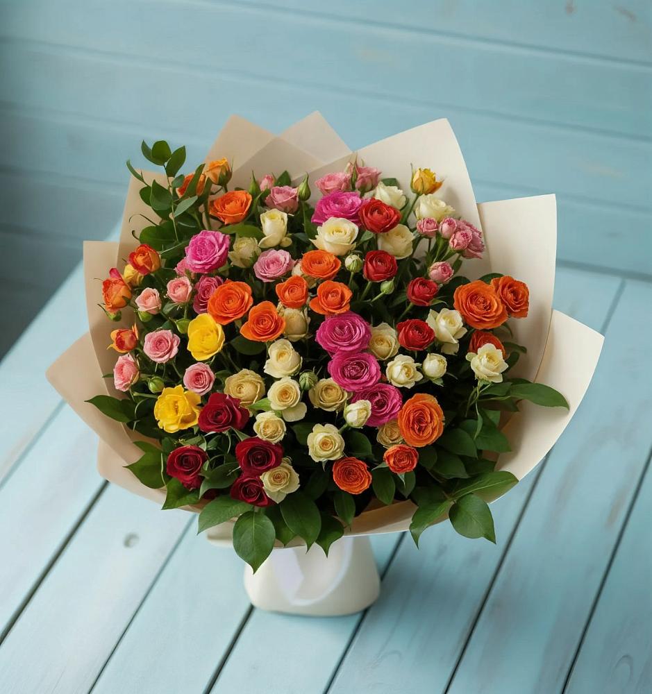 Букет Микс из разноцветных кустовых роз в Тополево