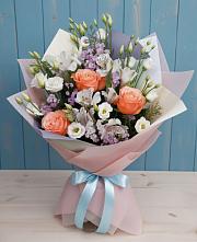 Букет цветов из:  Лизиантусы, Розы, Альстромерии и Гипсофила #REPLACE_PRED# Тополево