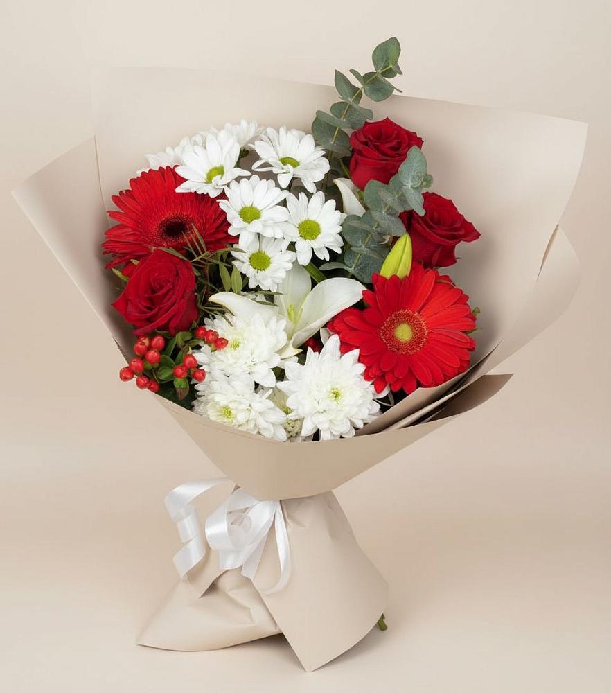Букет цветов из: Розы, Хризантемы, Герберы и Лилии в Тополево