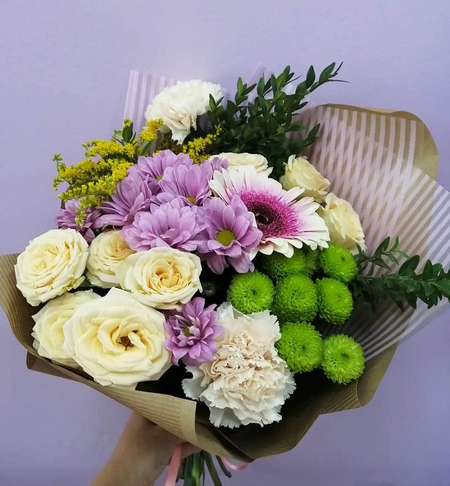 Букет цветов из: Хризантемы, Розы, Гвоздики и Герберы в Тополево