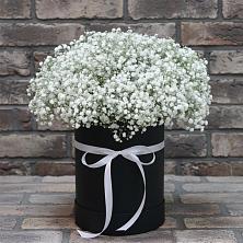 Цветочная композиция из Гипсофила в шляпной коробке в Тополево