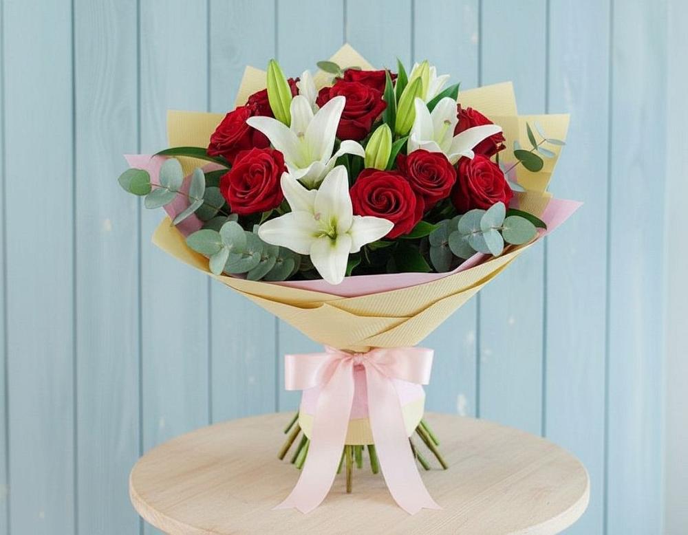 Букет цветов из: Лилии и Розы в Тополево