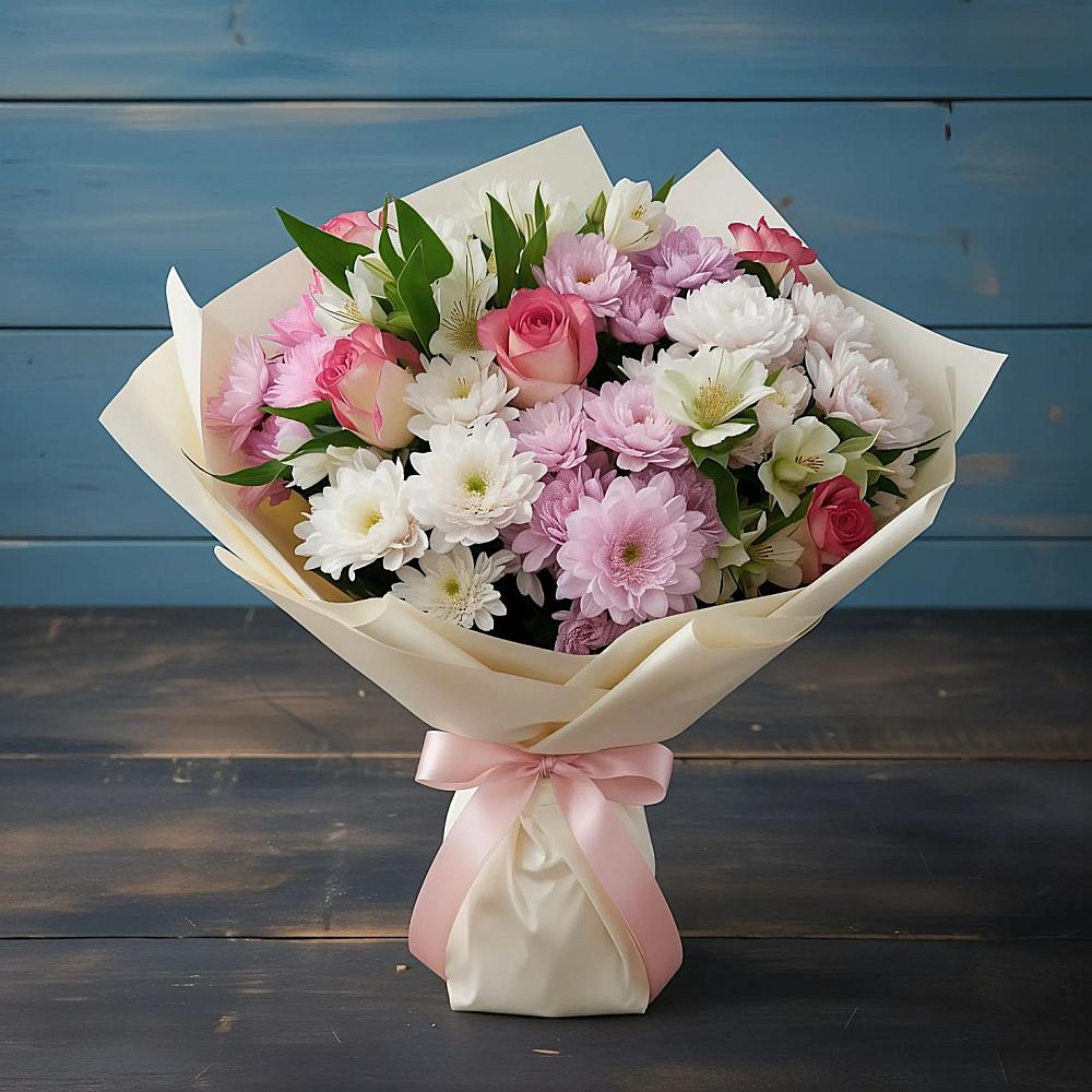 Букет цветов из: Хризантемы, Альстромерии и Розы в Тополево